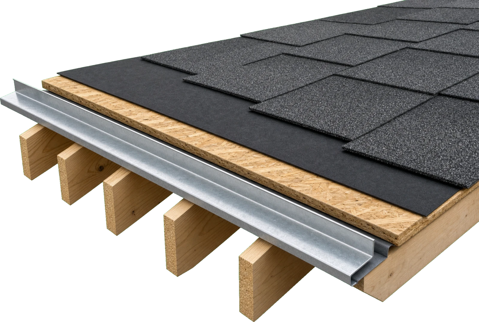 Cutaway of a roof system showing rafters, decking, underlayment, drip-edge flashing, and shingles