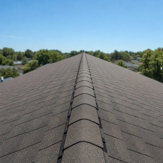 Long, perfectly straight roof ridge line with ridge-cap shingles