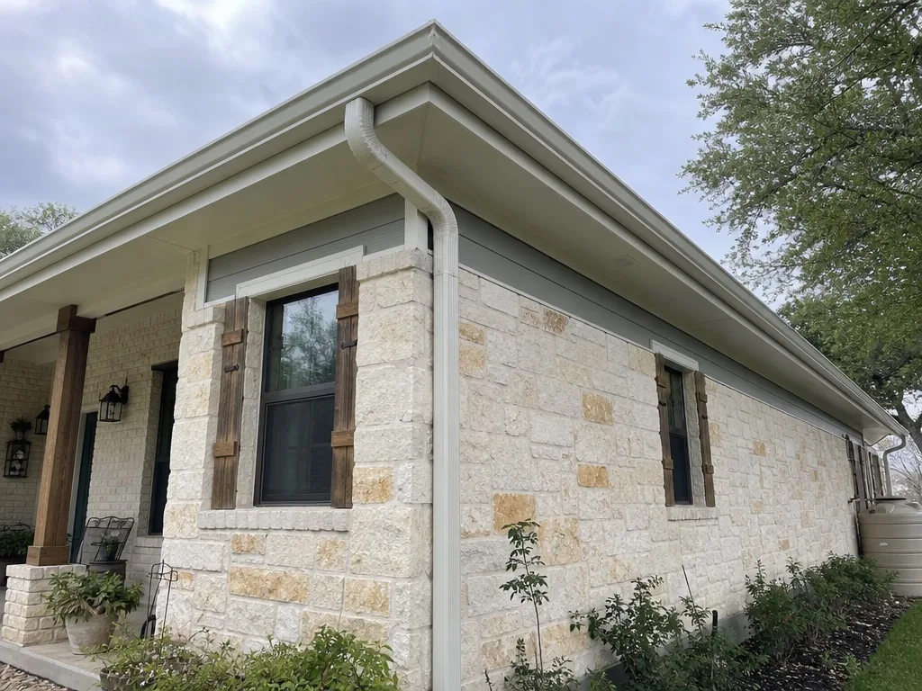 New downspout and clean gutter line at the corner