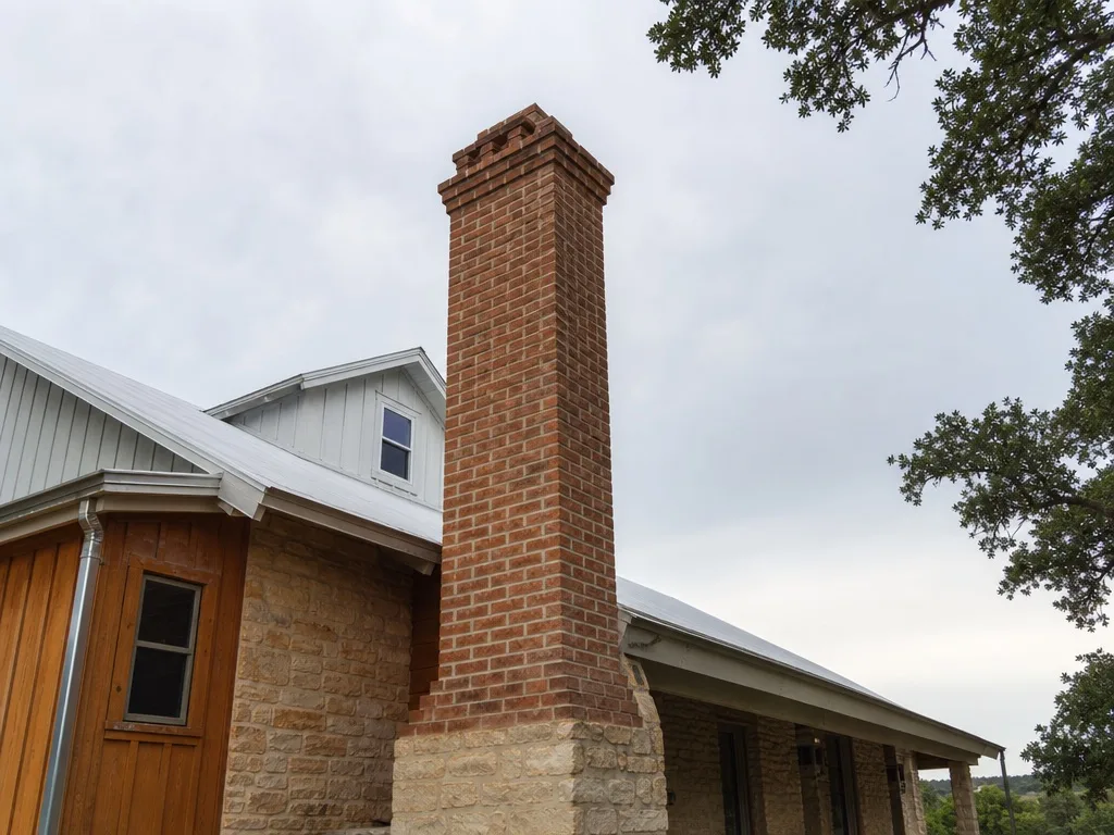 Rebuilt twin brick chimneys against the sky