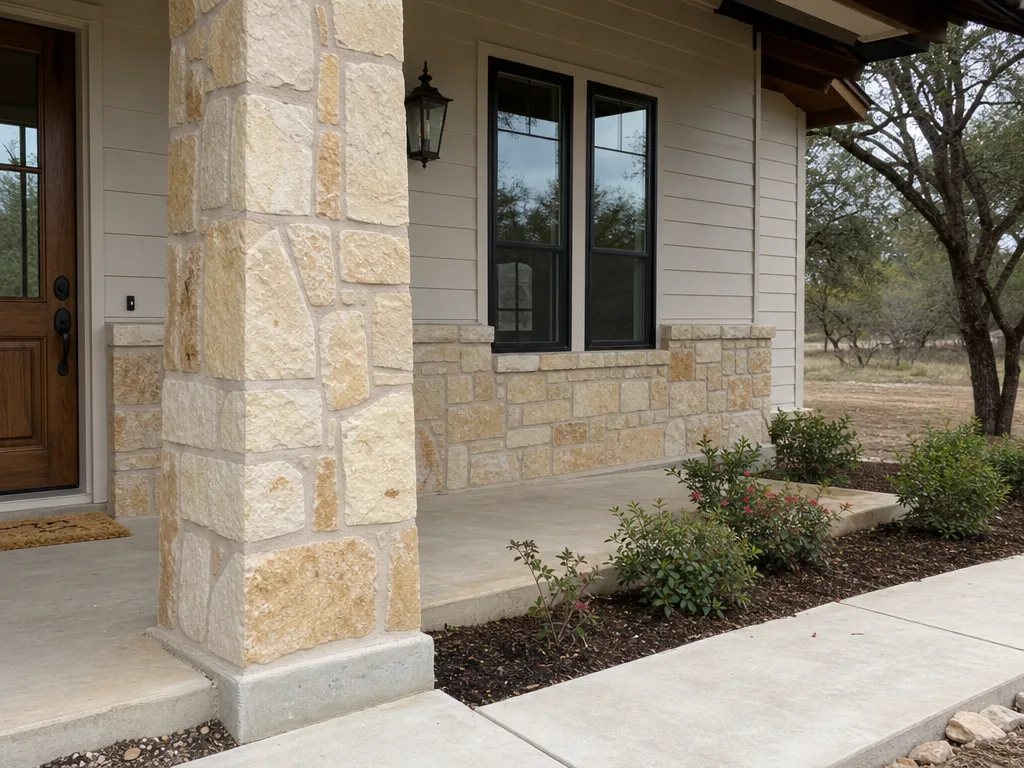 Stone veneer on a porch column and wall skirting at a home entry