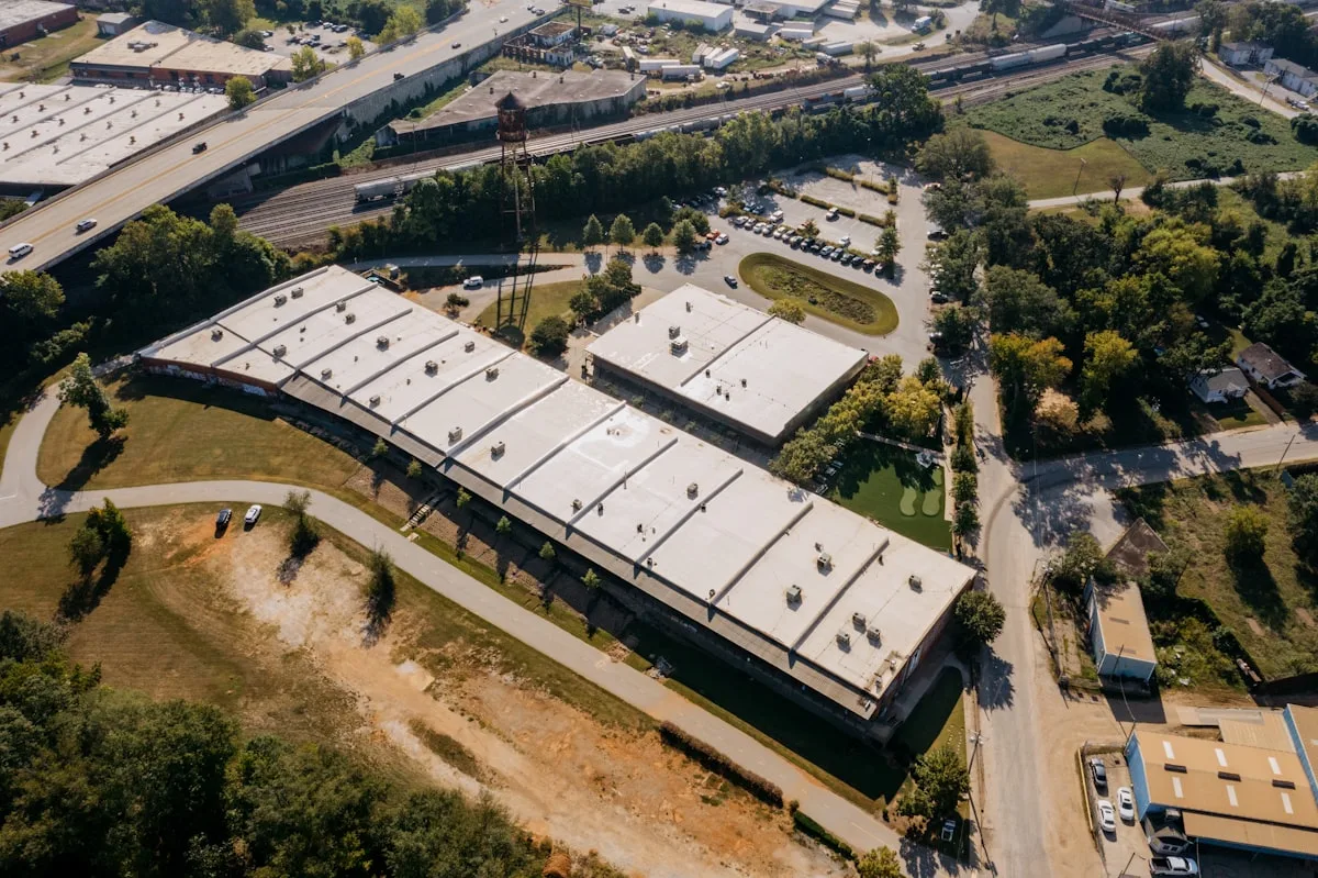 Aerial view of flat-roof commercial buildings