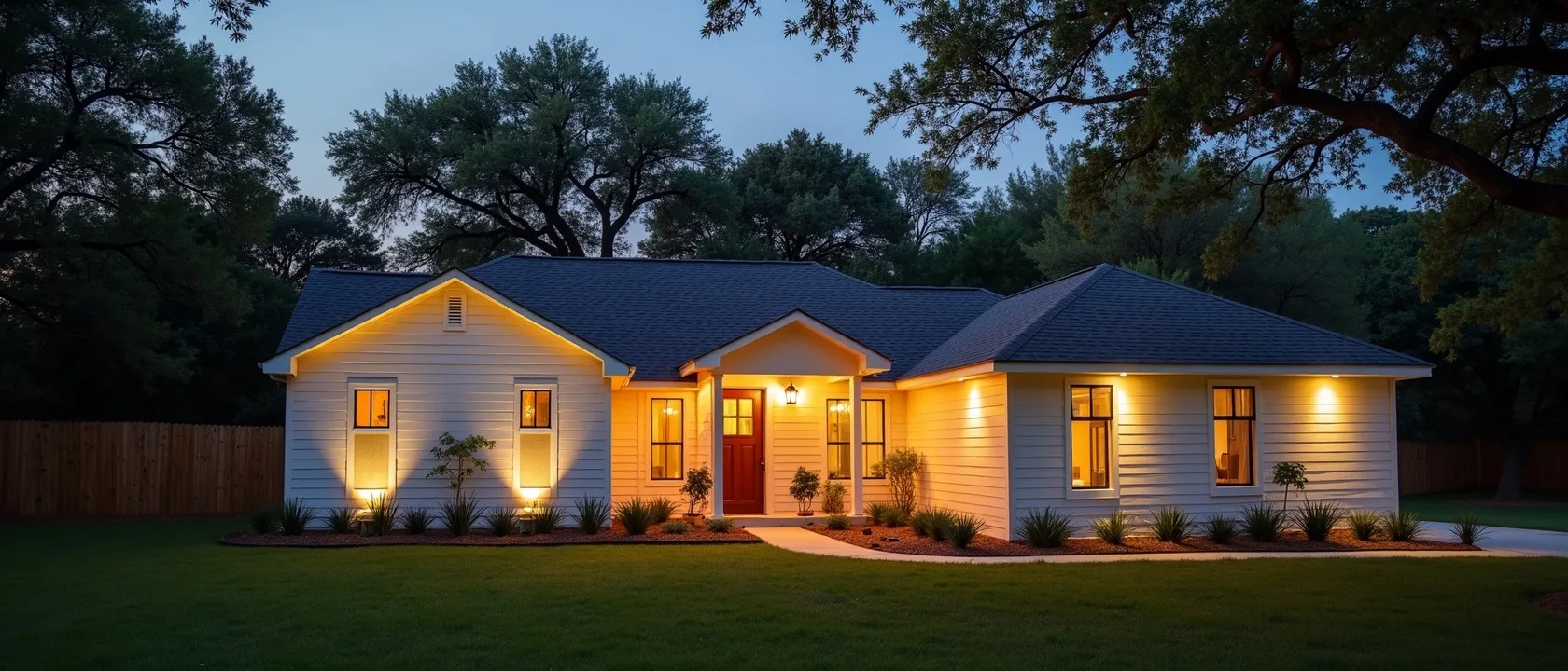 Freshly sided home lit up at dusk