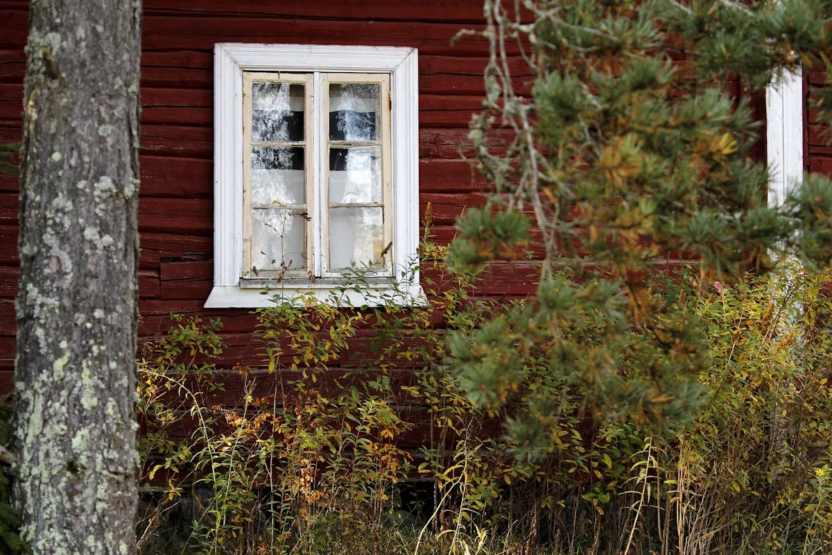 Classic white-framed window on a country home