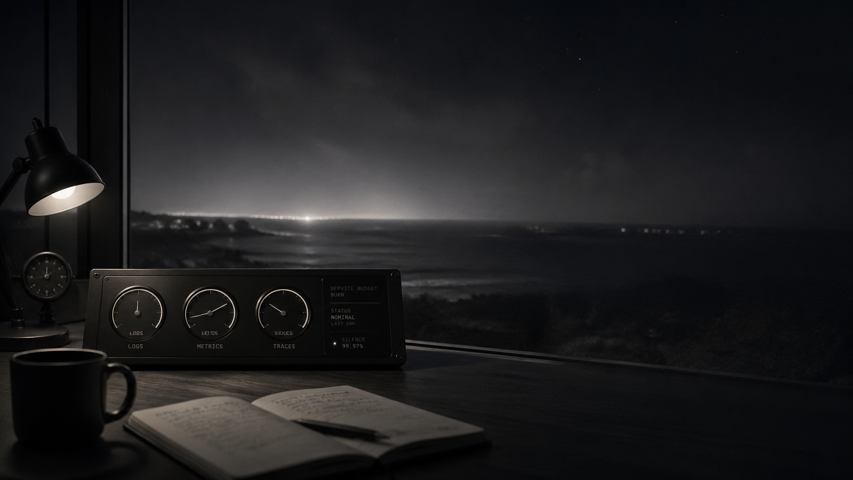 A night-shift desk overlooking the coast: lamp, ledger, mug, and a Meridian console reading 99.97% silence over 24 hours